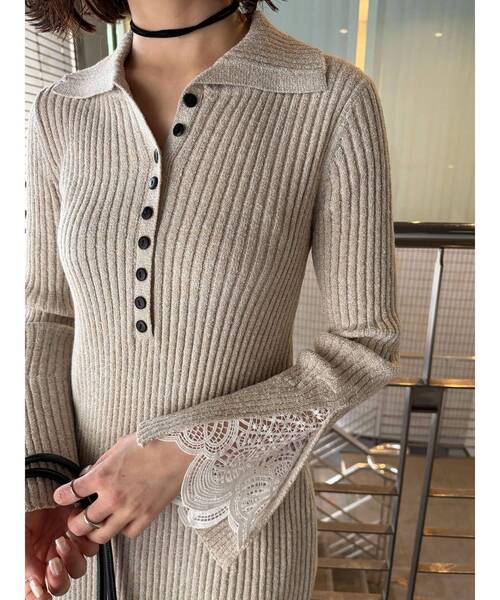 LAGUNAMOON（ラグナムーン）の「ラメブレンドレースカフスニットワンピース（ワンピース・レディース・ネイビー/ベージュ/ピンク・MEDIUM/SMALL）」の19枚目の写真