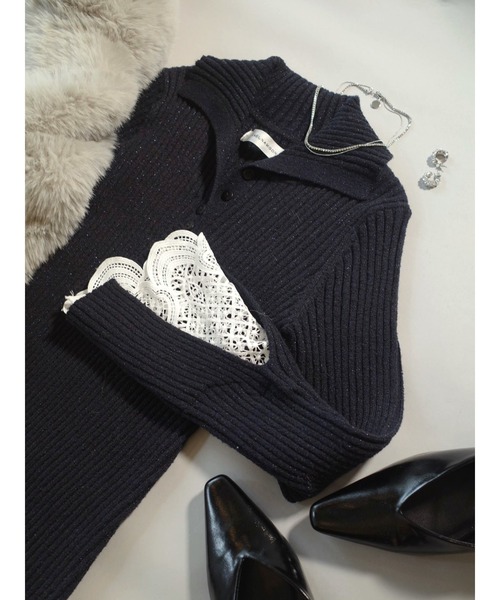 LAGUNAMOON（ラグナムーン）の「ラメブレンドレースカフスニットワンピース（ワンピース・レディース・ネイビー/ベージュ/ピンク・MEDIUM/SMALL）」の2枚目の写真