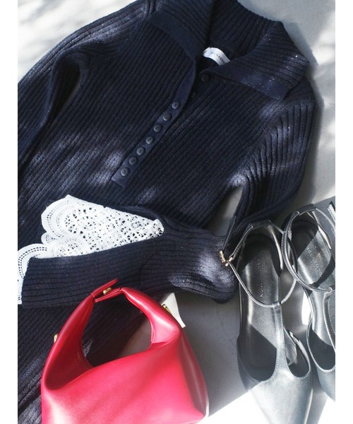 LAGUNAMOON（ラグナムーン）の「ラメブレンドレースカフスニットワンピース（ワンピース・レディース・ネイビー/ベージュ/ピンク・MEDIUM/SMALL）」の11枚目の写真