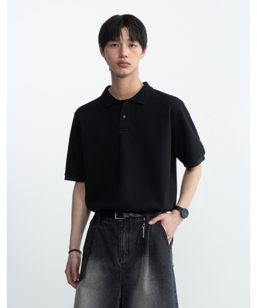 WORK ON BODY OFF(ワークオンボディオフ)の「クラシックセミオーバーフィットコットンピケTシャツ-ブラック(ポロシャツ・メンズ・ブラック・SMALL/MEDIUM/LARGE/X-LARGE/2XL)」の2枚目の写真