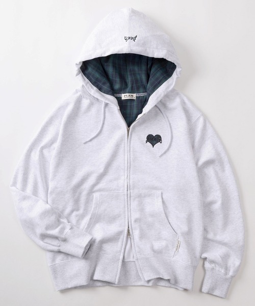 make a ray!（メイク ア レイ！）の「【72】【PLES】チェック ハートワッペン ワンポイント ショート丈 ジップパーカー/ダブルジップ/メンズ/レディース/ユニセックス（パーカー・レディース・ブラウン/ブラック/アッシュグレー・M/L）」の13枚目の写真