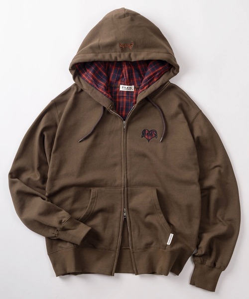 make a ray!（メイク ア レイ！）の「【72】【PLES】チェック ハートワッペン ワンポイント ショート丈 ジップパーカー/ダブルジップ/メンズ/レディース/ユニセックス（パーカー・レディース・ブラウン/ブラック/アッシュグレー・M/L）」の15枚目の写真