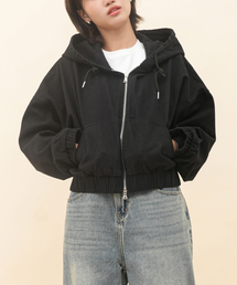 GOLDPERCENT（ゴールドパーセント）の「Women's Look Crop Zip-Up Two-Way Zipper Hem Banding Black Hooded Jacket（デニムジャケット）」
