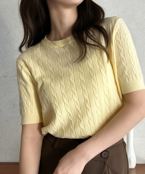 Eclat one（エクラワン）の「【Eclat one】ケーブル編み コンパクト 半袖 ニット（ニット/セーター・レディース・ライトブルー/グレー/ホワイト/イエロー・FREE）」の17枚目の写真