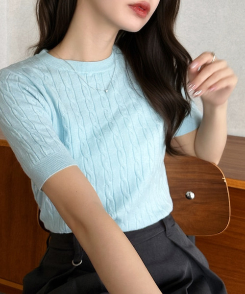 Eclat one（エクラワン）の「【Eclat one】ケーブル編み コンパクト 半袖 ニット（ニット/セーター・レディース・ライトブルー/グレー/ホワイト/イエロー・FREE）」の22枚目の写真