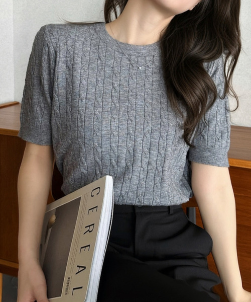 Eclat one（エクラワン）の「【Eclat one】ケーブル編み コンパクト 半袖 ニット（ニット/セーター・レディース・ライトブルー/グレー/ホワイト/イエロー・FREE）」の16枚目の写真