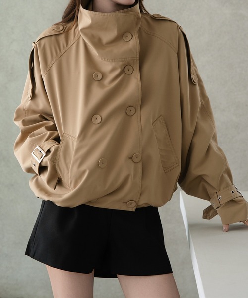 by LEGNA(バイレグナ)の「【最終在庫】撥水スタンドカラーダブルブレストショートジャケット(トレンチコート・レディース・ブラック/アイボリー/モカ・FREE)」の1枚目の写真