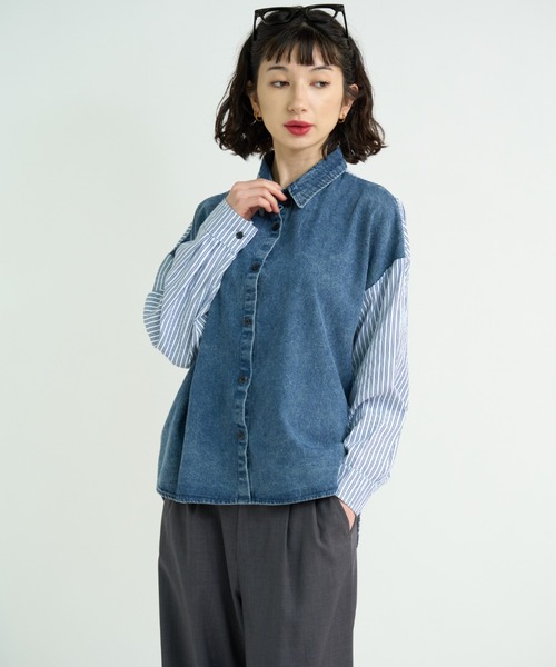 A.D.C.L.(エーディーシーエル)の「ストライプ切替 デニム シャツ(シャツ/ブラウス・レディース・ライトブルー/ブルー・L/M)」の10枚目の写真