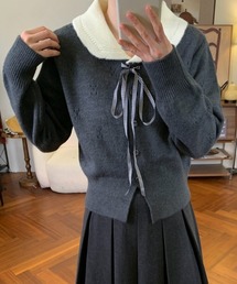 リボンタイ配色ニットカーディガン