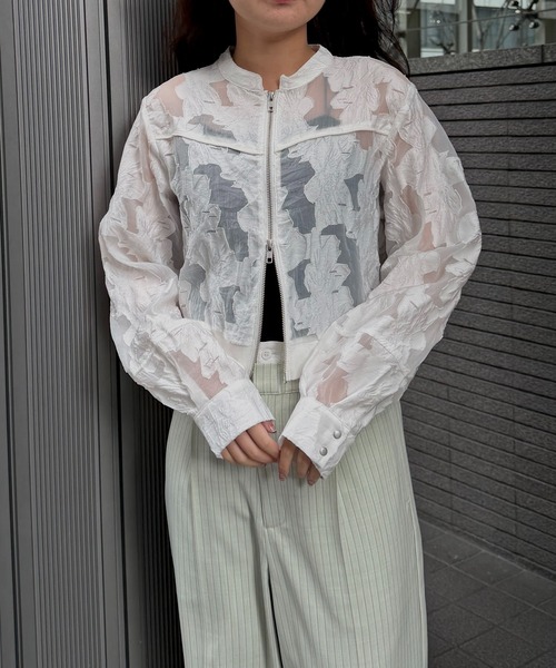 &g'aime（アンジェム）の「【&ｇ'aime 】シアージャカードブルゾン　Sheer Jacquard Blouson（ノーカラージャケット・レディース・ホワイト/ブラック・FREE）」の8枚目の写真