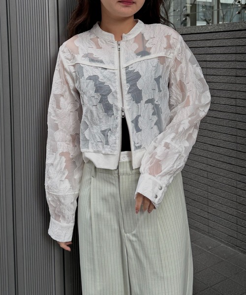 &g'aime（アンジェム）の「【&ｇ'aime 】シアージャカードブルゾン　Sheer Jacquard Blouson（ノーカラージャケット・レディース・ホワイト/ブラック・FREE）」の10枚目の写真
