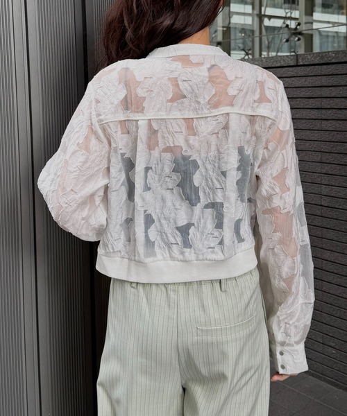 &g'aime（アンジェム）の「【&ｇ'aime 】シアージャカードブルゾン　Sheer Jacquard Blouson（ノーカラージャケット・レディース・ホワイト/ブラック・FREE）」の14枚目の写真