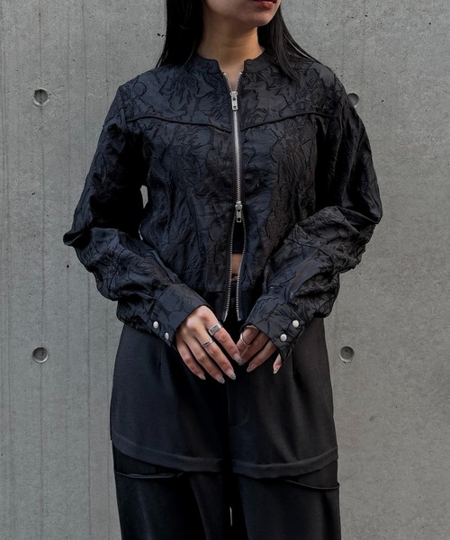 &g'aime（アンジェム）の「【&ｇ'aime 】シアージャカードブルゾン　Sheer Jacquard Blouson（ノーカラージャケット・レディース・ホワイト/ブラック・FREE）」の6枚目の写真