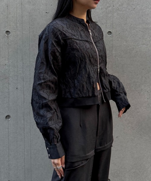 &g'aime（アンジェム）の「【&ｇ'aime 】シアージャカードブルゾン　Sheer Jacquard Blouson（ノーカラージャケット・レディース・ホワイト/ブラック・FREE）」の17枚目の写真