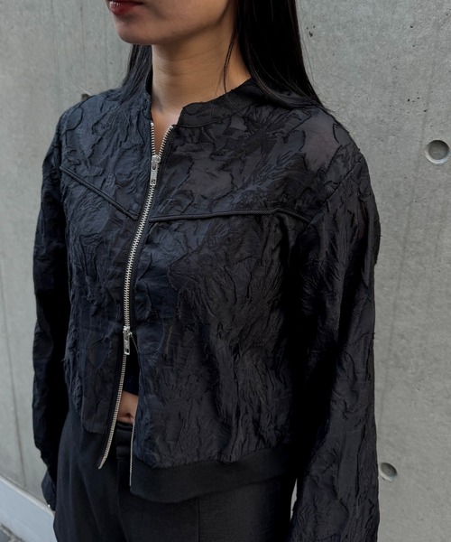 &g'aime（アンジェム）の「【&ｇ'aime 】シアージャカードブルゾン　Sheer Jacquard Blouson（ノーカラージャケット・レディース・ホワイト/ブラック・FREE）」の20枚目の写真
