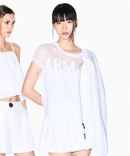 ARMANI EXCHANGE クロップドTシャツ ホワイト M セール】【A|X アルマーニ エクスチェンジ】AXロゴ メッシュ半袖クルー