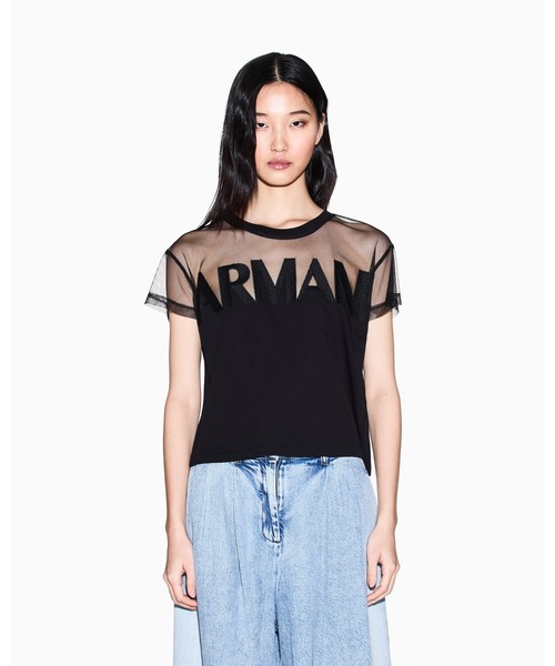 ARMANI EXCHANGE（アルマーニエクスチェンジ）の「【A|X アルマーニ エクスチェンジ】AXロゴ メッシュ半袖クルーネッククロップドTシャツ/CROPPED（Tシャツ/カットソー・レディース・ホワイト/ブラック・X-SMALL/SMALL/MEDIUM/LARGE）」の2枚目の写真