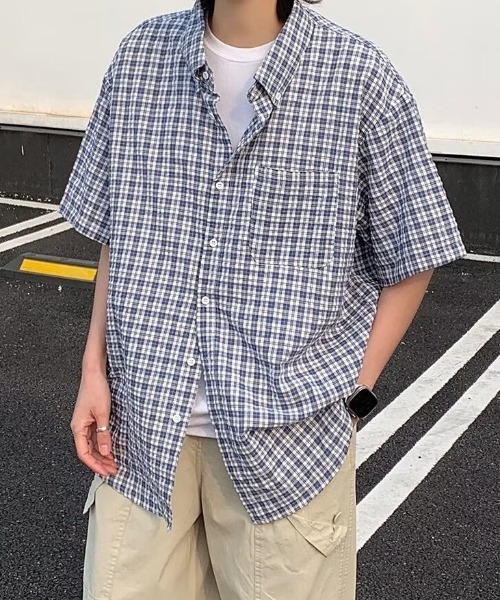 WYZ wear（ダブリューワイジィーウェア）の「チェック柄半袖シャツ/ユニセックス（シャツ/ブラウス・メンズ・ネイビー/ブラック・M/L）」の18枚目の写真