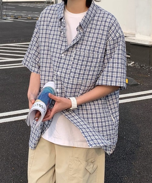 WYZ wear（ダブリューワイジィーウェア）の「チェック柄半袖シャツ/ユニセックス（シャツ/ブラウス・メンズ・ネイビー/ブラック・M/L）」の21枚目の写真