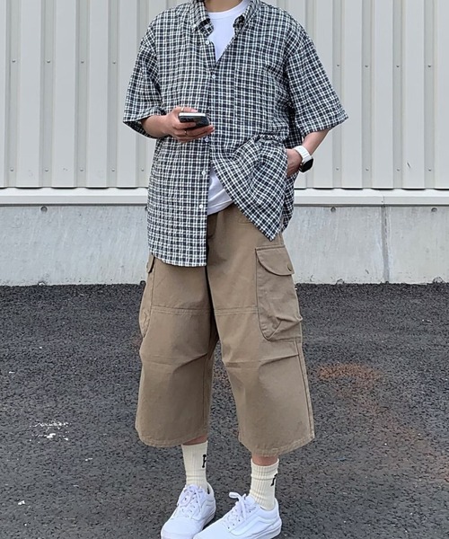 WYZ wear（ダブリューワイジィーウェア）の「チェック柄半袖シャツ/ユニセックス（シャツ/ブラウス・メンズ・ネイビー/ブラック・M/L）」の7枚目の写真