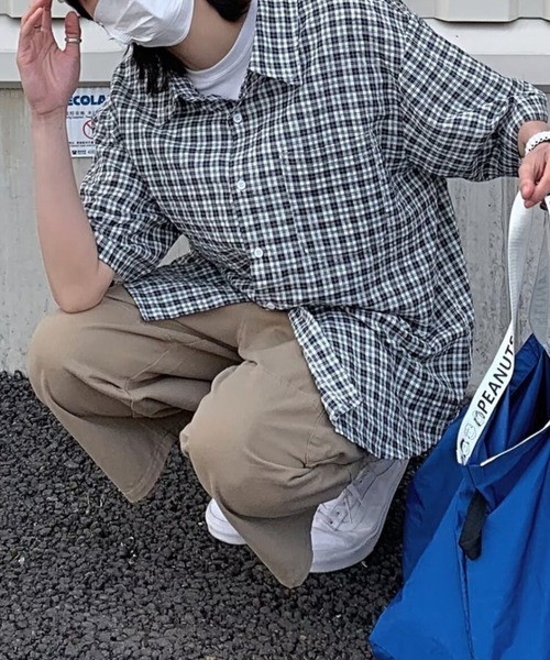 WYZ wear（ダブリューワイジィーウェア）の「チェック柄半袖シャツ/ユニセックス（シャツ/ブラウス・メンズ・ネイビー/ブラック・M/L）」の6枚目の写真