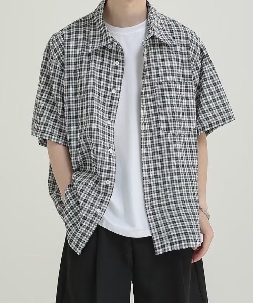 WYZ wear（ダブリューワイジィーウェア）の「チェック柄半袖シャツ/ユニセックス（シャツ/ブラウス・メンズ・ネイビー/ブラック・M/L）」の13枚目の写真
