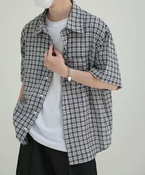 WYZ wear（ダブリューワイジィーウェア）の「チェック柄半袖シャツ/ユニセックス（シャツ/ブラウス・メンズ・ネイビー/ブラック・M/L）」の15枚目の写真