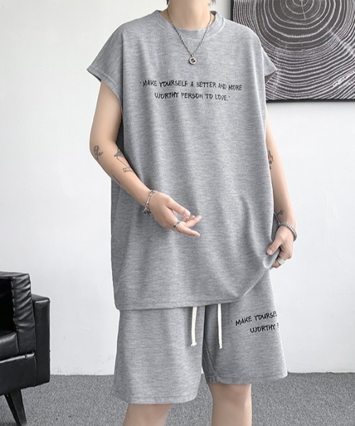 link lot（リンクロット）の「【2点セット】レタリング・ノースリーブ セットアップ（ルームウェア/パジャマ・メンズ・ブラック/グレー・L/M）」の7枚目の写真