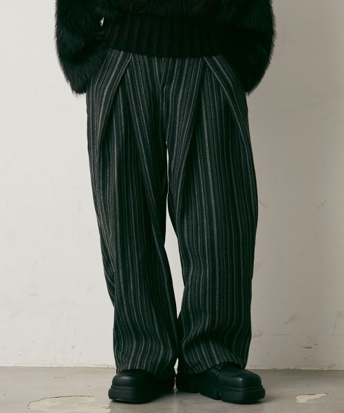 Shoowtime(ショウタイム)の「Stripe Wool Like Wide Slacks / ストライプウールライクワイドスラックス(スラックス・メンズ・ブラック系・X-LARGE/LARGE/MEDIUM)」の1枚目の写真