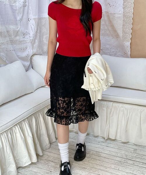 SINOON（シヌーン）の「Flower Sheer Skirt (Black)（スカート・レディース・ブラック・FREE）」の5枚目の写真