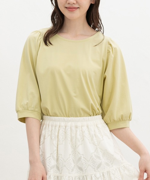 Honeys(ハニーズ)の「【ハニさら・接触冷感・UVカット】ボリューム6分袖トップス(Tシャツ/カットソー・レディース・ホワイト×ブラック/ブラック/イエロー/オレンジ/ホワイト・3L/L/LL/M/S)」の1枚目の写真
