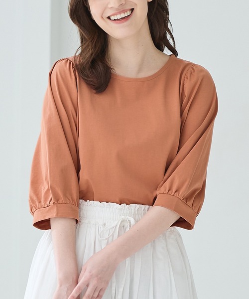 Honeys(ハニーズ)の「【ハニさら・接触冷感・UVカット】ボリューム6分袖トップス(Tシャツ/カットソー・レディース・ホワイト×ブラック/ブラック/イエロー/オレンジ/ホワイト・3L/L/LL/M/S)」の5枚目の写真