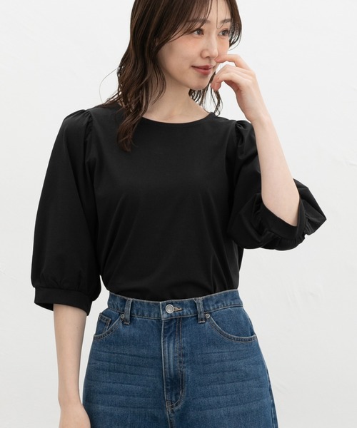 Honeys(ハニーズ)の「【ハニさら・接触冷感・UVカット】ボリューム6分袖トップス(Tシャツ/カットソー・レディース・ホワイト×ブラック/ブラック/イエロー/オレンジ/ホワイト・3L/L/LL/M/S)」の4枚目の写真
