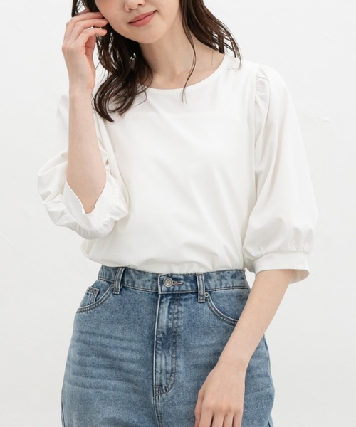 Honeys(ハニーズ)の「【ハニさら・接触冷感・UVカット】ボリューム6分袖トップス(Tシャツ/カットソー・レディース・ホワイト×ブラック/ブラック/イエロー/オレンジ/ホワイト・3L/L/LL/M/S)」の21枚目の写真