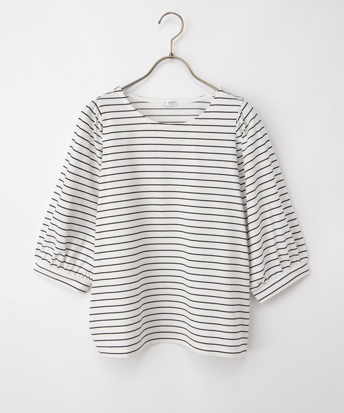 Honeys(ハニーズ)の「【ハニさら・接触冷感・UVカット】ボリューム6分袖トップス(Tシャツ/カットソー・レディース・ホワイト×ブラック/ブラック/イエロー/オレンジ/ホワイト・3L/L/LL/M/S)」の12枚目の写真