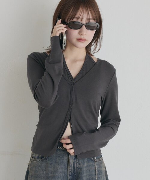 mline（エムライン）の「[mline]レイヤード シアーニットソー（Tシャツ/カットソー・レディース・オフホワイト/グレー・FREE）」の2枚目の写真