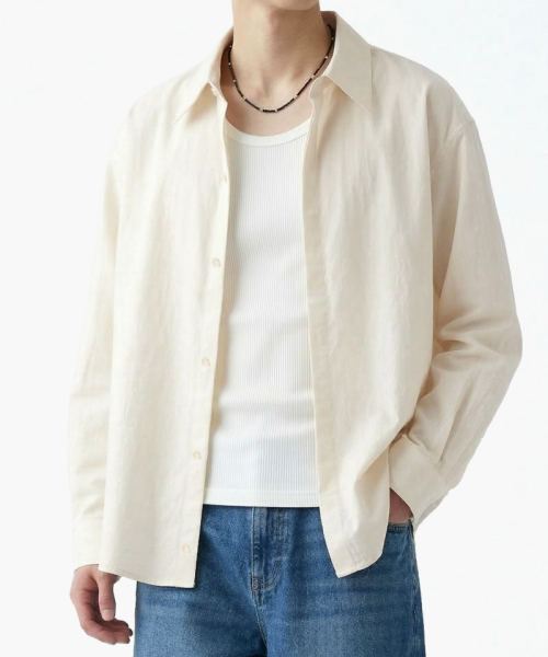 UNDEROFF(アンダーオフ)の「オーバーサイズストレッチクロップシャツアイボリー(シャツ/ブラウス・メンズ・アイボリー・MEDIUM/LARGE/X-LARGE)」の1枚目の写真
