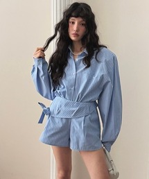 ストライプ柄シャツショートパンツセットアップ