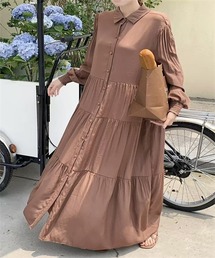 ウエスト紐マキシ丈ティアードシャツワンピース