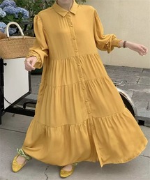 ウエスト紐マキシ丈ティアードシャツワンピース