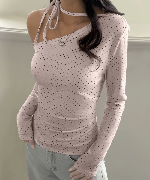 おしゃれスタ(オシャレスタ)の「リボンネックドットオフショルカットソー(Tシャツ/カットソー・レディース・ピンク/ホワイト/ブラック・S/M/L/XL)」の6枚目の写真