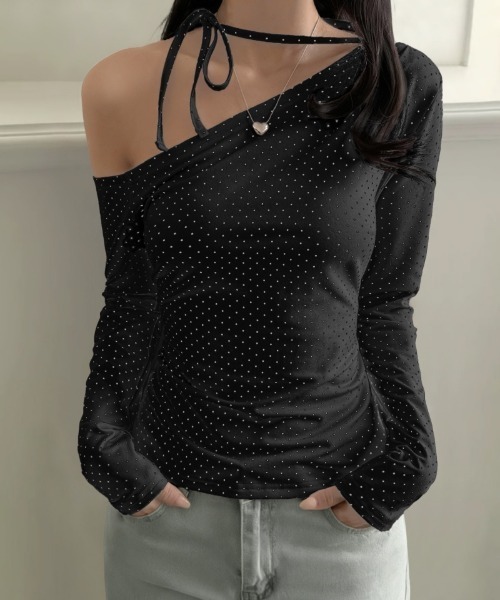 おしゃれスタ(オシャレスタ)の「リボンネックドットオフショルカットソー(Tシャツ/カットソー・レディース・ピンク/ホワイト/ブラック・S/M/L/XL)」の8枚目の写真