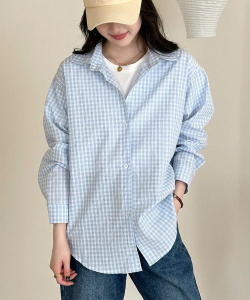 DAY CLOSET(デイ クローゼット)の「【シワになりにくい/袖口ボタン付き】長袖 レギュラーカラー ギンガムチェック オーバーサイズシャツ レディース(シャツ/ブラウス・レディース・レッド/ライトブルー・L/M)」の14枚目の写真