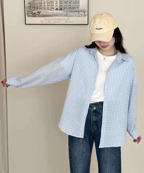 DAY CLOSET(デイ クローゼット)の「【シワになりにくい/袖口ボタン付き】長袖 レギュラーカラー ギンガムチェック オーバーサイズシャツ レディース(シャツ/ブラウス・レディース・レッド/ライトブルー・L/M)」の15枚目の写真