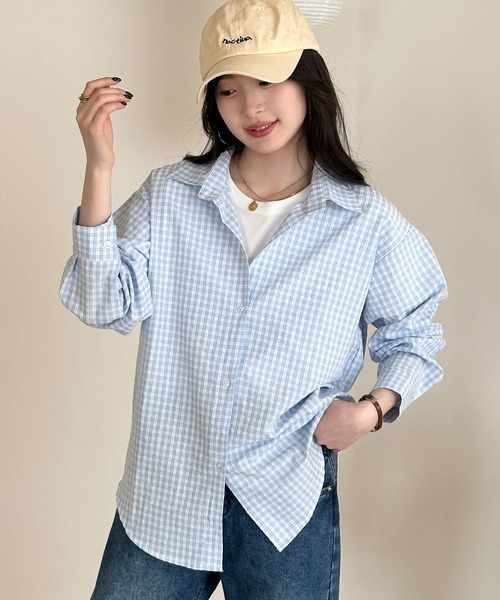 DAY CLOSET(デイ クローゼット)の「【シワになりにくい/袖口ボタン付き】長袖 レギュラーカラー ギンガムチェック オーバーサイズシャツ レディース(シャツ/ブラウス・レディース・レッド/ライトブルー・L/M)」の16枚目の写真