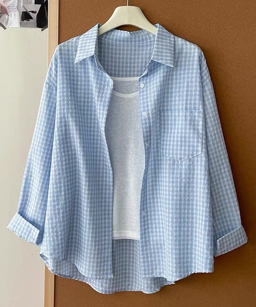 DAY CLOSET(デイ クローゼット)の「【シワになりにくい/袖口ボタン付き】長袖 レギュラーカラー ギンガムチェック オーバーサイズシャツ レディース(シャツ/ブラウス・レディース・レッド/ライトブルー・L/M)」の19枚目の写真