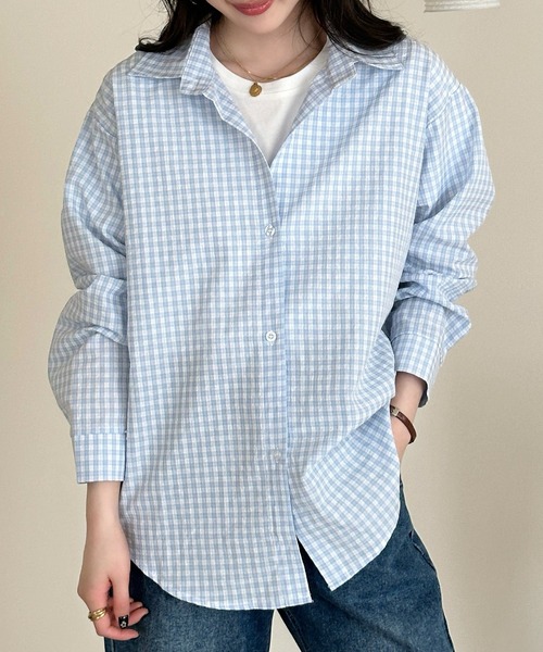 DAY CLOSET(デイ クローゼット)の「【シワになりにくい/袖口ボタン付き】長袖 レギュラーカラー ギンガムチェック オーバーサイズシャツ レディース(シャツ/ブラウス・レディース・レッド/ライトブルー・L/M)」の5枚目の写真