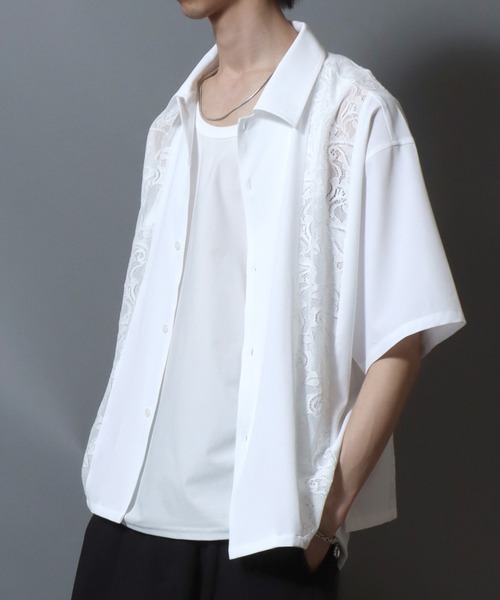 セール】Short-Sleeve Lace Panel Shirt / レースパネル半袖シャツ