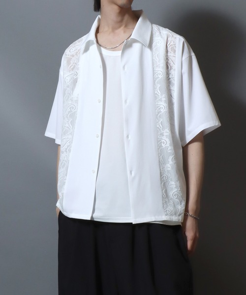 ANPAS(アンパス)の「Short-Sleeve Lace Panel Shirt / レースパネル半袖シャツ オープンカラー 開襟シャツ メンズ トップス(シャツ/ブラウス・メンズ・ブラック/ブラウン/ホワイト・L/M)」の17枚目の写真