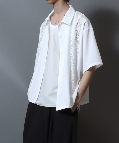 ANPAS(アンパス)の「Short-Sleeve Lace Panel Shirt / レースパネル半袖シャツ オープンカラー 開襟シャツ メンズ トップス(シャツ/ブラウス・メンズ・ブラック/ブラウン/ホワイト・L/M)」の18枚目の写真